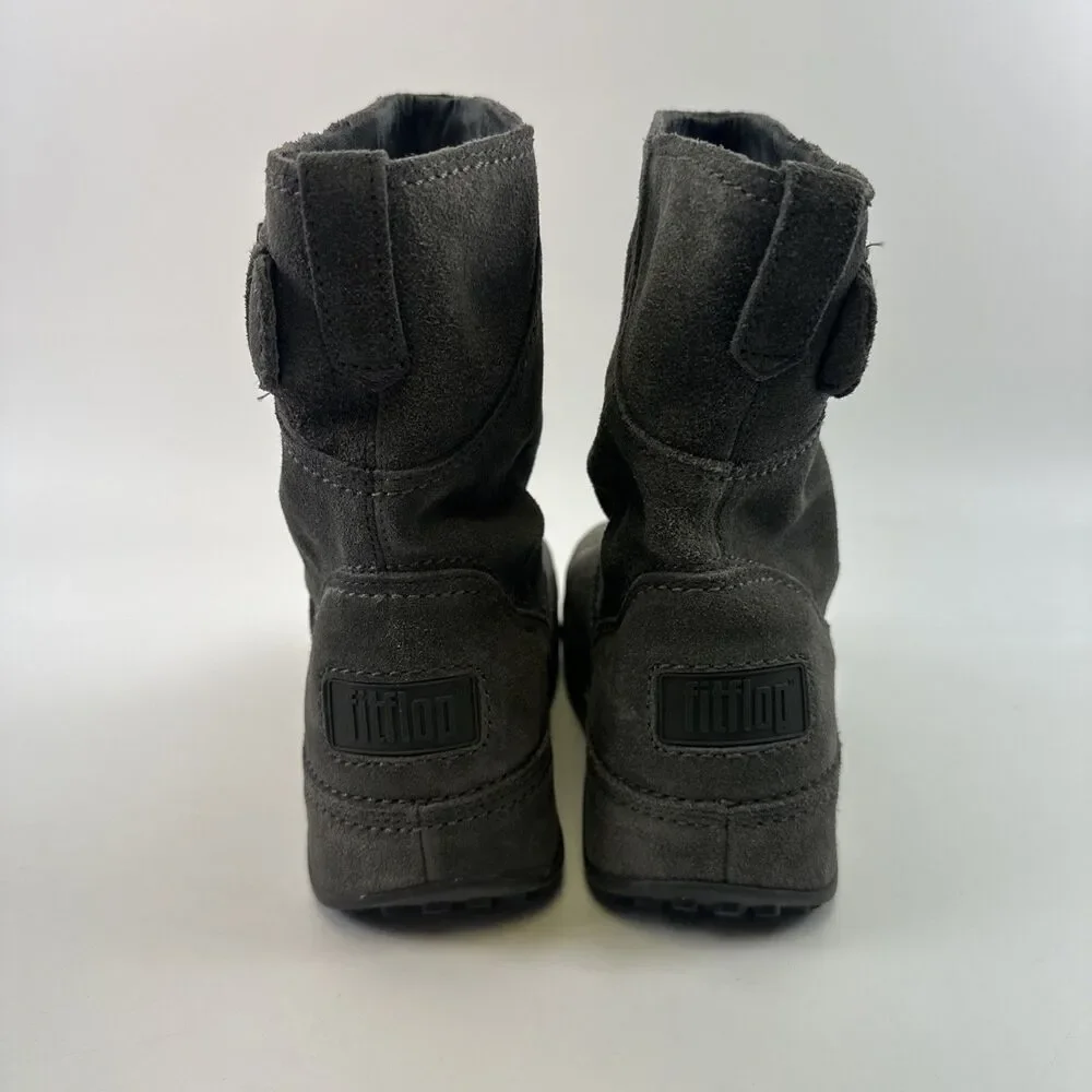 FitFlop Superboot Short Smoke Gray Suede Pull On Buckle Comfort Toning Womens 7
